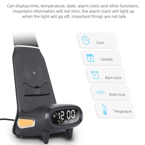 IHAO Multi Functional Smart Eye-Care Desk Lamp Wireless Charger & Digital Alarm Clock Gesture Control Adjustable Light 15W Fast Charging Hidden Phone Stand, Date Timer Display Wake-Up Light-TX79 Black - color: Table Lamp TX79 Black