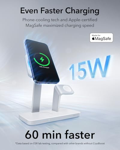 ESR 25W 3-in-1 Charger Stand for Magsafe, Made for Apple-Certified | Magnetic Wireless Charger with Cryoboost, Phone Cooling Charging Station for iPhone 17-12/Apple Watch/AirPods Pro, White