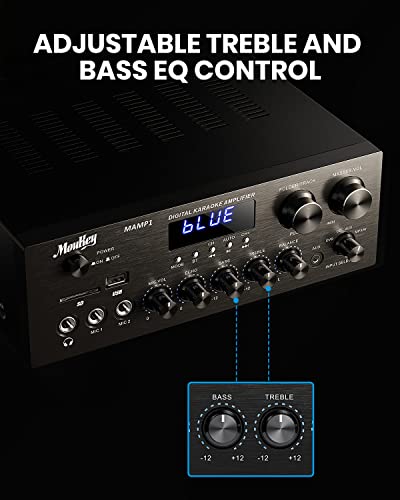 Moukey Stereo Receivers with Bluetooth 5.0, 2.0 Channel Power Audio Amplifier Stereo System w/USB, SD, AUX, RCA, MIC in w/Echo, LED for Karaoke, Home Theater Speakers, 400W Peak, 25W× 2 RMS- MAMP1 - size: 400W Peak, 25W× 2 RMS