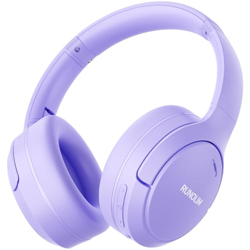 RUNOLIM Hybrid Active Noise Cancelling Headphones, Wireless Over Ear Bluetooth Headphones with Microphone, 100H Playtime, Foldable Headphone with HiFi Audio, Deep Bass for Home Travel Office（Purple） - color: Purple