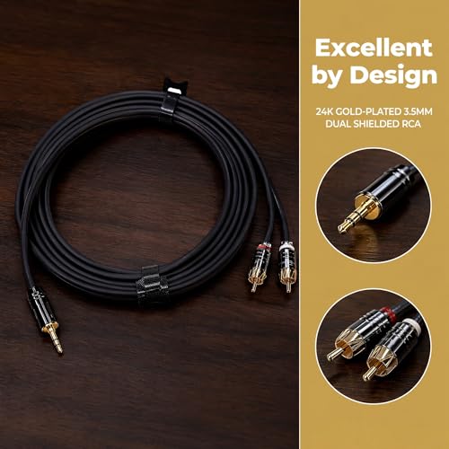 3.5mm to RCA Cable 10FT — OFC Gold-Plated 1/8 Inch Stereo Aux Y Splitter Cord for iPhone iPad Android Laptop to Car Stereo Home Theater Amplifier Receiver Speaker
