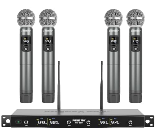Phenyx Pro 4-Ch UHF Metal Dynamic Wireless Microphone System PTU-5200-4H | 4 Cordless Handheld Mics, 4 x 25 Frequencies, 200 ft Range, Singing, Karaoke, Church Services, DJ Sets