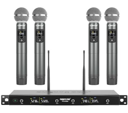 Phenyx Pro 4-Ch UHF Metal Dynamic Wireless Microphone System PTU-5200-4H | 4 Cordless Handheld Mics, 4 x 25 Frequencies, 200 ft Range, Singing, Karaoke, Church Services, DJ Sets