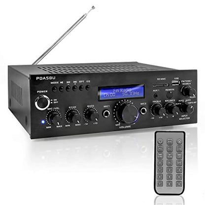 Pyle Wireless Bluetooth Home Power Amplifier - 200 Watt Audio Stereo Receiver w/USB Port, AUX in, FM Radio, 2 Karaoke Microphone Input, Remote - Home Entertainment System - Pyle PDA5BU.5