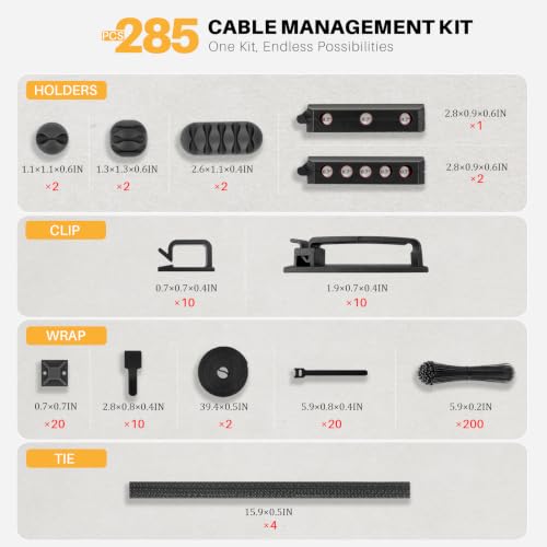285 PCS Cable Management Kit - for Computer TV Under Desk - Black | cable organizer electrical cord management