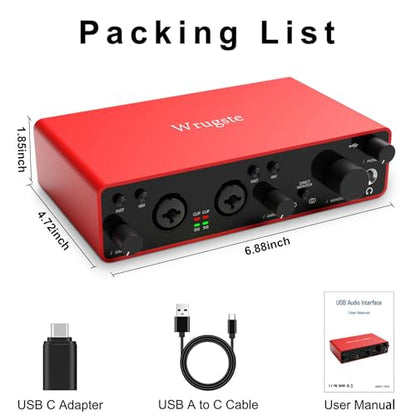 USB Audio Interface, 2-In-2-Out USB-C External Sound Card, 24Bit/192kHz 48V Phantom Power Zero-Latency Monitor for Podcast Live Stream Vocal Guitar Recording
