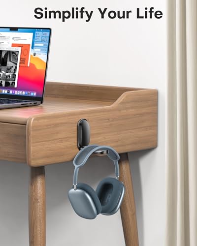 OMOTON Headphone Stand for Desk, Foldable Sticky Headset Stand Holder, Headphone Holder Hook Mount with Non-Slip Silicone, PC Gaming Accessories for Airpods Max, All Earphones- Black