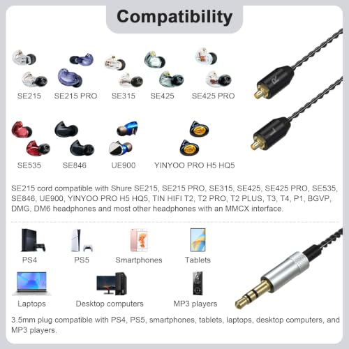 SE215 Cable Compatible with Shure SE215, SE215 Pro, SE315, SE425, SE425 Pro, SE535, SE846, UE900 Earbuds, MMCX to 3.5mm Cable for PS4, PS5, Tablets, Laptops, Smartphones (No Mic)