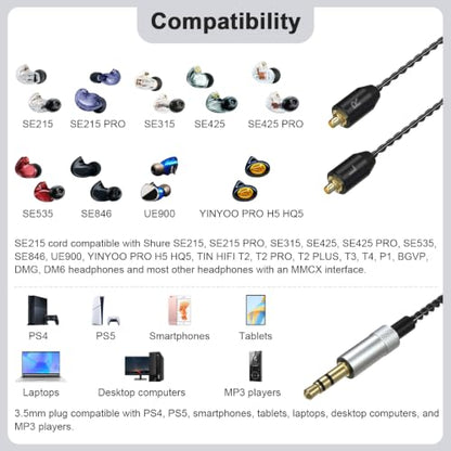 SE215 Cable Compatible with Shure SE215, SE215 Pro, SE315, SE425, SE425 Pro, SE535, SE846, UE900 Earbuds, MMCX to 3.5mm Cable for PS4, PS5, Tablets, Laptops, Smartphones (No Mic)
