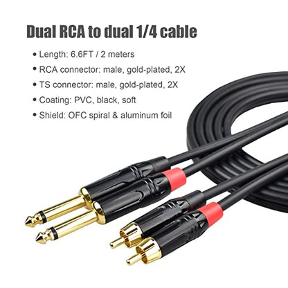 Dual 1/4 to Dual RCA Cable 3.3FT, 24AWG OFC Shielded Noiseless 6.35mm TS Male to RCA Interconnect Audio Cord, Gold-Plated Split Stereo Patch Cable for Mixer, Audio Interface, Studio Monitors