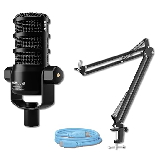 Rode PodMic USB Dynamic Broadcast Microphone Bundle with StreamEye BOOMARM1 Boom Arm and SC27 Blue 6.6-Ft USB-C Cable — XLR + USB-C Studio Mic for Podcasting, Streaming, Voice Over, Broadcasting