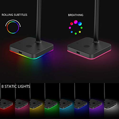 KAFRI RGB Dual Headphone Stand with Wireless Charger Desk Gaming Double Headset Holder Hanger Rack with 10W/7.5W QI Charging Pad and QC 3.0 USB Port - Suitable for Gamer Desktop Table Game Earphone - color: Black- Dual