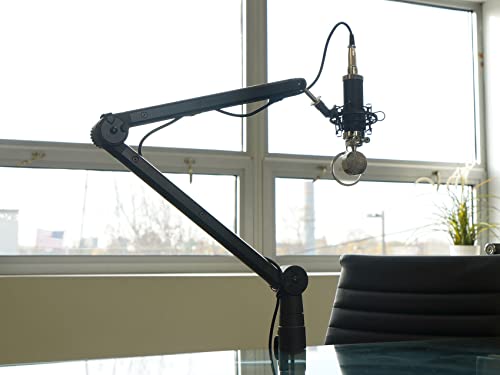 Rockville ROGAN STAND Pro Boom Arm Mic Stand with Fixed Mount, Desk Clamp | Built-in 6.5' XLR Cable, Aluminum, Foldable, No Springs, 5/8" Mic Threads, Safety Locking Pin, 38" Arm, Mic Clip Included