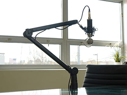 Rockville ROGAN STAND Pro Boom Arm Mic Stand with Fixed Mount, Desk Clamp | Built-in 6.5' XLR Cable, Aluminum, Foldable, No Springs, 5/8" Mic Threads, Safety Locking Pin, 38" Arm, Mic Clip Included