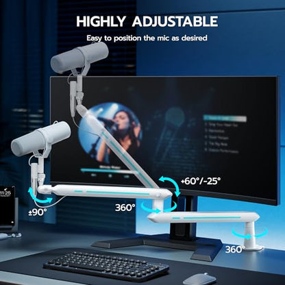 ARES WING Aluminum Low Profile Mic Arm with 4.4 lbs Load Capacity, White | Adjustable Microphone Boom Arm with 3/8” to 5/8” Screw Adapter, Desk Mount Mic Stand for Gaming Streaming Podcasting - color: White