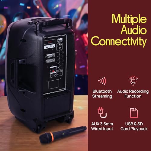 1200W Portable Bluetooth PA Speaker - 12’’ Subwoofer, LED Battery Indicator Lights w/Built-in Rechargeable Battery, MP3/USB/SD Card Reader, and UHF Wireless Microphone - Pyle PSBT125A - size: 12 inch