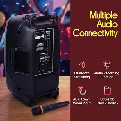 1200W Portable Bluetooth PA Speaker - 12’’ Subwoofer, LED Battery Indicator Lights w/Built-in Rechargeable Battery, MP3/USB/SD Card Reader, and UHF Wireless Microphone - Pyle PSBT125A - size: 12 inch