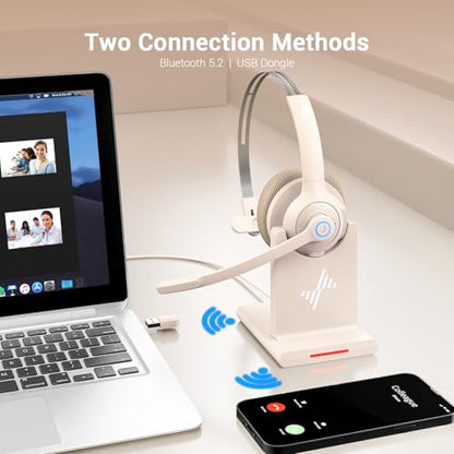 JIAMQISHI Bluetooth Wireless Headset with Mic for Work, Bluetooth 5.2, Advanced Noise Reduction Microphone, Clear Calls - Comfortable On-Ear Headphones, Applicable to PC, Laptop, Phone, Android, Zoom - color: White