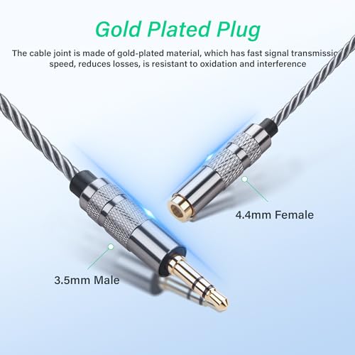 SinLoon 4.4mm Female to 3.5mm TRS Male Audio Adapter Cable, Gold Plated OFC Braided Converter, Balanced to Unbalanced for HiFi DAP Headphone Amplifier (Cool Grey)
