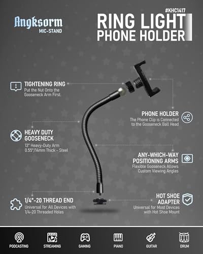 KHC1417 Phone Holder for Ring Light, 9-Inch Gooseneck, Hot Shoe Mount | Ring Light Phone Mount, Camera Hot Shoe Phone Holder, 1/4-20 Tripod Mount, 9-Inch Gooseneck, Cell Phone Clamp - size: 9" with Hot Shoe