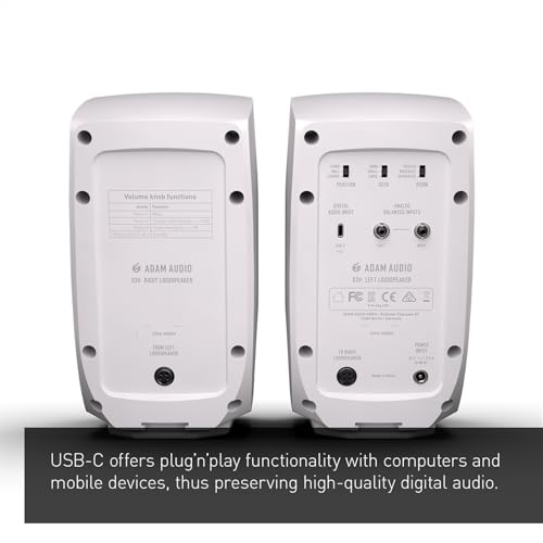 ADAM Audio D3V Active Desktop Studio Monitor Speakers - White | USB-C, D-ART Tweeter, 3.5in Woofer, 240W, 45Hz-23kHz, 97dB SPL, Balanced TRS, Headphone Out - style: D3V White