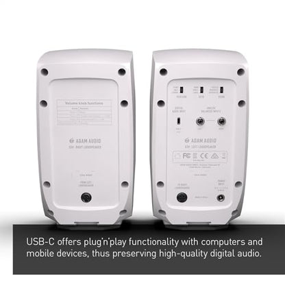 ADAM Audio D3V Active Desktop Studio Monitor Speakers - White | USB-C, D-ART Tweeter, 3.5in Woofer, 240W, 45Hz-23kHz, 97dB SPL, Balanced TRS, Headphone Out - style: D3V White