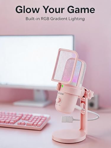 Pink USB Condenser Microphone for Gaming, PC Mic with 2 Pickup Patterns, RGB Light, Tap-to-Mute, 96KHz/24Bit for Streaming Podcast YouTube Recording, Plug & Play for PS4 PS5 Computer Accessories