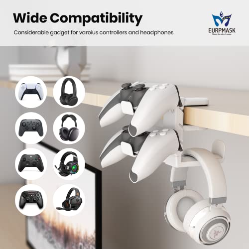 EURPMASK 3-in-1 Rotating Headphone Stand w/2 Detachable Controller Holders | Adjustable Clamp-on Headset Holder Hanger,360°Swivel,Gaming Headset Hanger,Cable Organizer,Keep Headphones Secure&Desk Tidy - color: White Pro