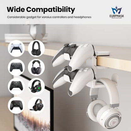 EURPMASK 3-in-1 Rotating Headphone Stand w/2 Detachable Controller Holders | Adjustable Clamp-on Headset Holder Hanger,360°Swivel,Gaming Headset Hanger,Cable Organizer,Keep Headphones Secure&Desk Tidy - color: White Pro