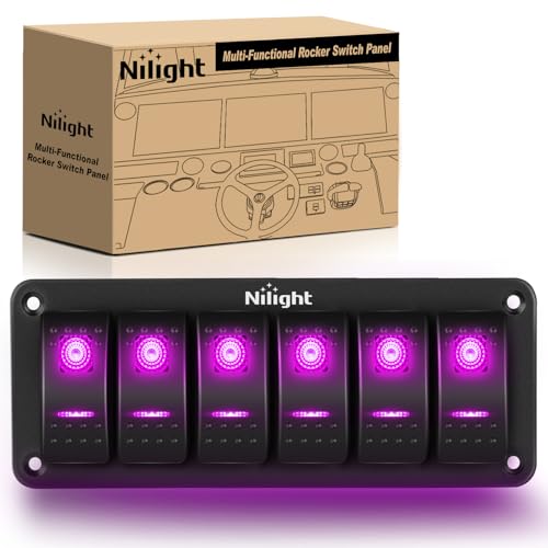 Nilight 6 Gang Rocker Switch Panel w/Purple LED Light 5Pin On Off Pre-Wired | Aluminum Toggle Switches Waterproof for 12V/24V Cars Marine Boats ATVs Trailers RV Trucks - color: Purple, size: 6 Gang