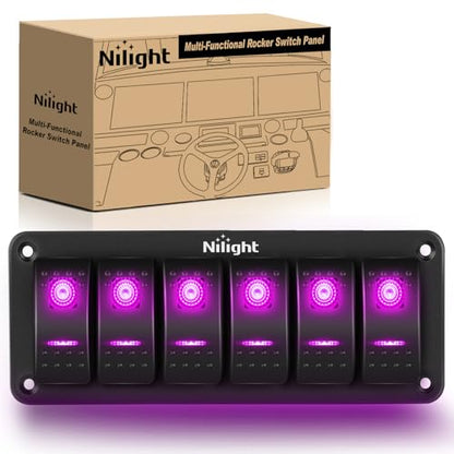 Nilight 6 Gang Rocker Switch Panel w/Purple LED Light 5Pin On Off Pre-Wired | Aluminum Toggle Switches Waterproof for 12V/24V Cars Marine Boats ATVs Trailers RV Trucks - color: Purple, size: 6 Gang