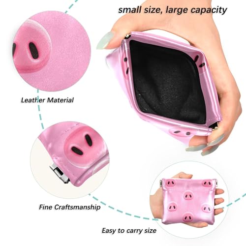 Leather Waterproof Portable No Zipper Purse, Coin Pocket Pouch Change Holder, Small Storage Bag for Men Women Headset Credit Card ID Key Lipstick, (Cute Pig Snouts)
