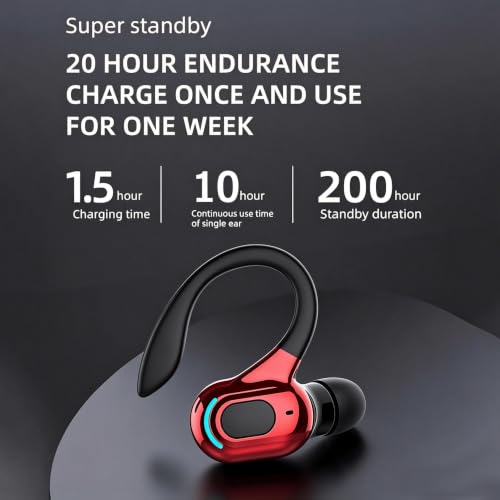 Wireless Headset Business Headphones,Waterproof Hanging Single Ear Earbuds,Mono Wireless Headset Noise Cancelling Sports Wireless Earpiece with Mic for Smart Phones (Red) - color: Red