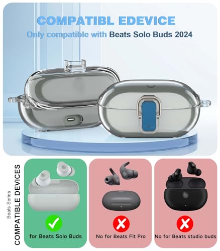 [Upgrade Secure Lock] for Beats Solo Buds 2024 Case Cover with Cleaner Kit, AGENTNANO Clear TPU Shockproof Protective Cover Compatible with Beats Solo Buds Charging Case with Carabiner-Clear - color: Clear