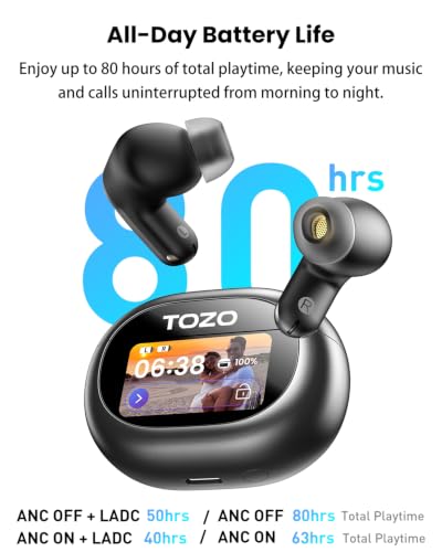 TOZO NC20 Pro Active Noise Cancelling Wireless Earbuds, Smart LCD Screen | LDAC Hi-Res Audio, Stereo Bass, 6 Mics AI Call Ear Buds, 80H Playtime, IPX8 Waterproof, 32 EQ via App, Wireless Charging - color: Ink Black