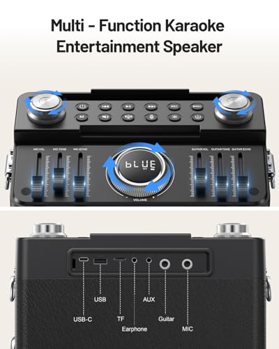 Professional Karaoke Machine for Adults with 2 Wireless Microphones | Karaoke Bluetooth 5.3 Speaker Portable Wooden Karaoke PA System with Bass/Treble Adjustable for Backyard, Home Party (BLUE)