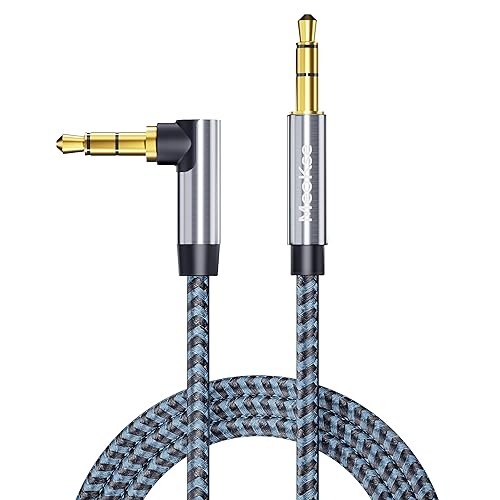 Meokse 3.5mm Audio Cable 20FT/6M, 90 DegreeNylon Braided TRS Aux Cord, Right Angle Jack for Headphone Tight Spaces Car Stereo PC Gaming iPhone Tablets Speakers 24K Gold Plated - size: 20 FT/6M