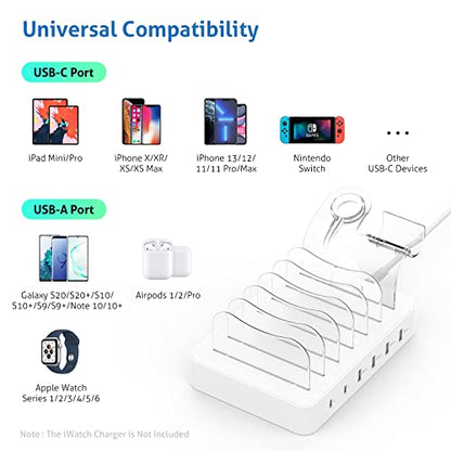 SooPii 6-Port USB C Charging Station for Multiple Devices,2 PD 20W Fast Charging for lPhone 15 and More,6 Charging Cables and 2in1 Holder for IWatch Charger & Air Pods Included