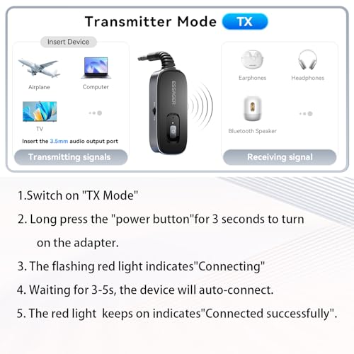 ESSAGER Bluetooth Receiver for Car, Noise Cancelling 3.5mm AUX Bluetooth Car Adapter, Wireless Audio Receiver Transmitter for Home Stereo/Wired Headphones Airplane, Gray - color: Gray