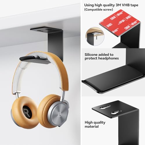 2Pack Heavy Duty Under Desk Headphone Stand, No Drill Mount with strong Adhesive Holder for AirPods Max, Sony, Bose & Gaming Headphones, Home Office Studio Dorm Organizer (H02F-2P-black)