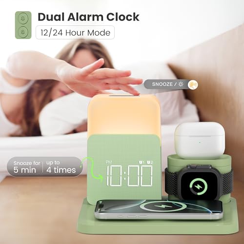 Wireless Charging Station, 7 in 1 Wireless Charger Stand with Dual Alarm Clock, Charging Dock for iPhone16/15/14/13/12/11/Pro/Max/Samsung Phone, Apple Watch 9/8/7/6/5/SE, AirPods/3/2