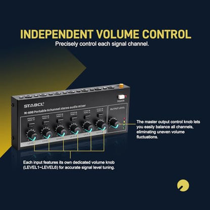 Mini 6-Channel Audio Mixer with 6 input 6.35mm&3.5mm Jack, Stereo Line Mixer for Sub-Mixing, Multi-Input (Mic/Guitar/Keyboard/Bass), Powered by 5V DC