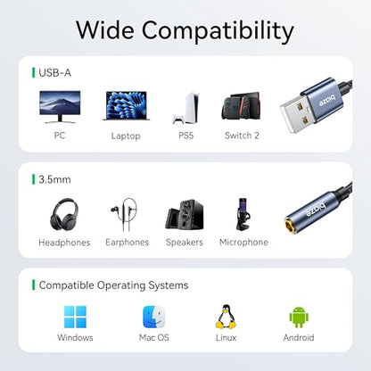 USB to 3.5mm Jack Audio Adapter, External Stereo Sound Card USB-A to Audio Jack Adapter with Auxiliary Stereo Converter, Compatible with Desktop, Laptop Mac, Linux and More! - color: Blue
