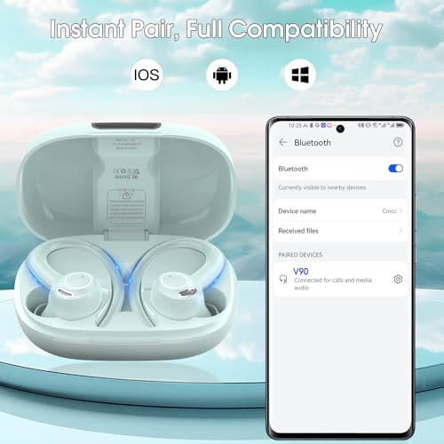 Wireless Earbuds with Earhook, 48H Deep Bass/ENC Mic Ear Buds Misty Blue | Wireless Earphone with LED Display, Bluetooth 5.3 Headphones In Ear, IPX7 Waterproof Over Ear Buds for Running/Workout - color: Misty Blue
