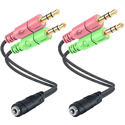 Headphone Splitter for Computer 2 Pack Headset Splitter Cable for PC | Braided CTIA 3.5mm TRRS Female to Dual TRS Male Mic Audio Jack Y Headset Splitter Adapter Laptop to Gaming Headset - 8 inch - size: 2 Pack / 0.6 Feet