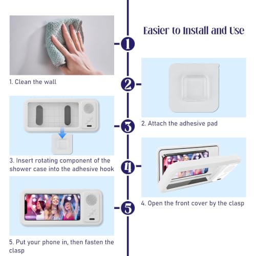 Shower Phone Holder with Wireless Bluetooth Speaker, Waterproof 480 Rotation Viewable Shower Phone Stand Case Mount Speakers for Bathroom Wall Mirro for 4"- 6.8" Cell Phones ,Gift for Mom(White) - color: White