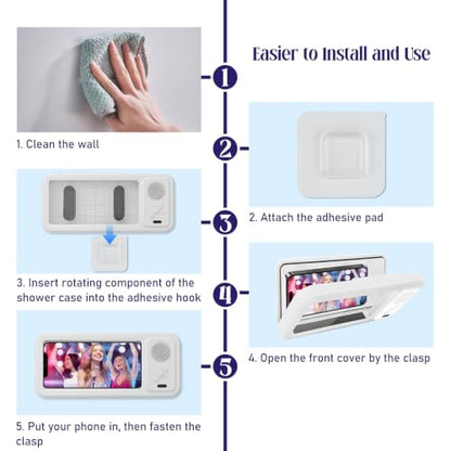 Shower Phone Holder with Wireless Bluetooth Speaker, Waterproof 480 Rotation Viewable Shower Phone Stand Case Mount Speakers for Bathroom Wall Mirro for 4"- 6.8" Cell Phones ,Gift for Mom(White) - color: White