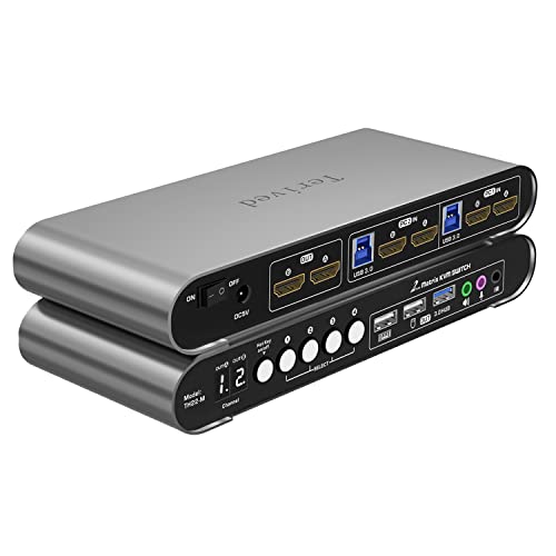 2 Computers 2 HDMI Monitors Matrix Automatic KVM Switch 4K@60Hz, Hotkey Switching, EDID, Digital Display and Aluminum Shell, USB 3.0 Hub Audio Microphone with Cables - style: 2 PCs 2 HDMI Monitors Matrix