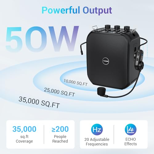 TONOR 6000mAh Rechargeable Voice Amplifier 50W, Bluetooth Personal PA System with Wireless Headset Mic & Waistband, Portable Megaphone Speaker 25 m/82ft for Classroom, Teaching, Tour Guide K13