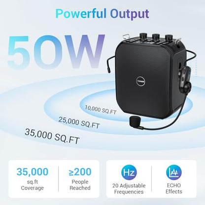 TONOR 6000mAh Rechargeable Voice Amplifier 50W, Bluetooth Personal PA System with Wireless Headset Mic & Waistband, Portable Megaphone Speaker 25 m/82ft for Classroom, Teaching, Tour Guide K13